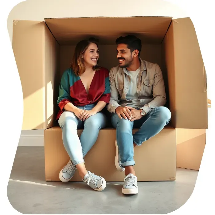 Two guys sitting on the floor of their apartment with Muval moving boxes